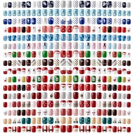 384 Pcs 16 Pack Christmas Press on Nails Short Christmas Short Glue On Nails Square Faux Christmas Nails Plastic Artificial Nail Full Cover with Santa Elk Snowflake Pattern for Women (Vibrant Pattern)