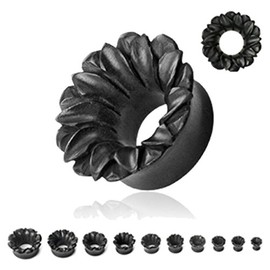 Zaya Body Jewelry PAIR of Organic Black Wood Hand Carved Lotus Flower Ear Plugs Gauges 2g 0g 00g 7/16 1/2 (7/16)