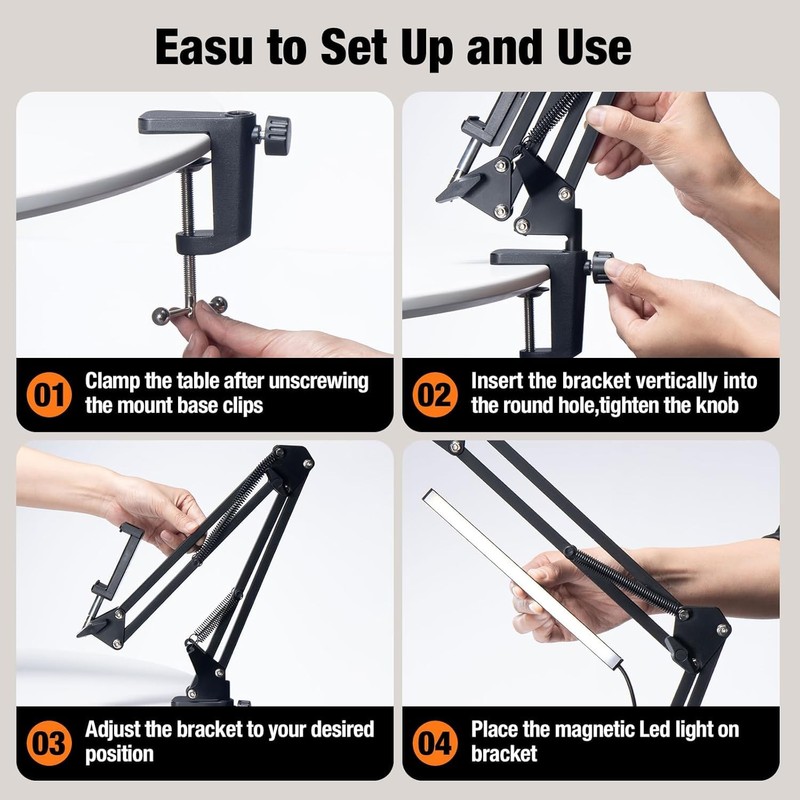 LJINGE Overhead Phone Mount with USB LED Light, Adjustable Articulating