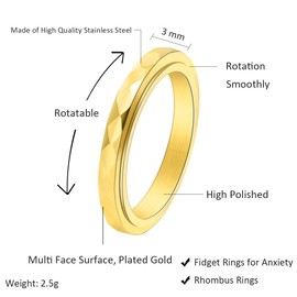 Nanafast 3mm Titanium Steel Anxiety Rings for Women Men Multi-faceted Wedding Band Fidget Rings for Anxiety for Women Rhombus Spinner Ring for Stress Relief Comfort Fit for Engagement Gold 6