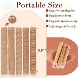 Lzttyee Set of 5 Wooden Handle Pottery Tools Clay Modeling Pattern Rollers Kit Brown (Set of 5)