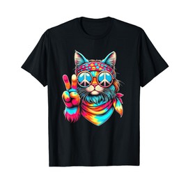 Funny Peace Cat Retro 70s Rainbow Hippie Cat Peace Sign Hand T-Shirt