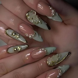 24Pcs Green French Tip Press on Nails Long Almond Fake Nails with Rhinestones Design Spring Flower Glue on Nails Metal Rose Acrylic Nails Nude Pink False Nails for Women Manicure Decorations