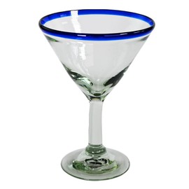 Martini Glass, Cobalt Blue Rim, Set of 4, 14 oz, Hand Blown by Mexican Artisans from 100% Recycled Cola Bottles, Eco-Friendly, Sustainable, Expert Craftsmanship, passed down through Family Generations