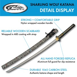 SZCO 41" Samurai Sword – Snarling Wolf Katana with 30" 1045 Carbon Steel Blade, 11" Cord Wrapped Handle & PVC Scabbard with 3D Printed Design for Display & Training