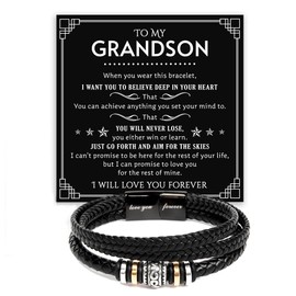 To My Grandson Bracelet from Grandma Grandpa With Heartfelt Message & Elegant Box, Braided Leather Bracelets Gifts For Grandson, Birthday, Graduation, Christmas Gifts For Grandsons