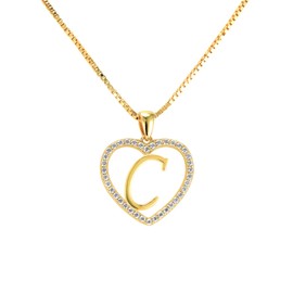 Necklace Letter C in Heart Shape Consisting of Numerous Cubic Zirconia Stones 18 Carat Gold Plated for Women and Teenagers with a High-Quality Jewellery Box and Certificate, Sterling Silver, Cubic