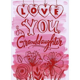 Designer Greetings Love You Granddaughter: Red Foil Lettering and Line Art Flowers on Pink Strokes Juvenile Valentine's Day Card