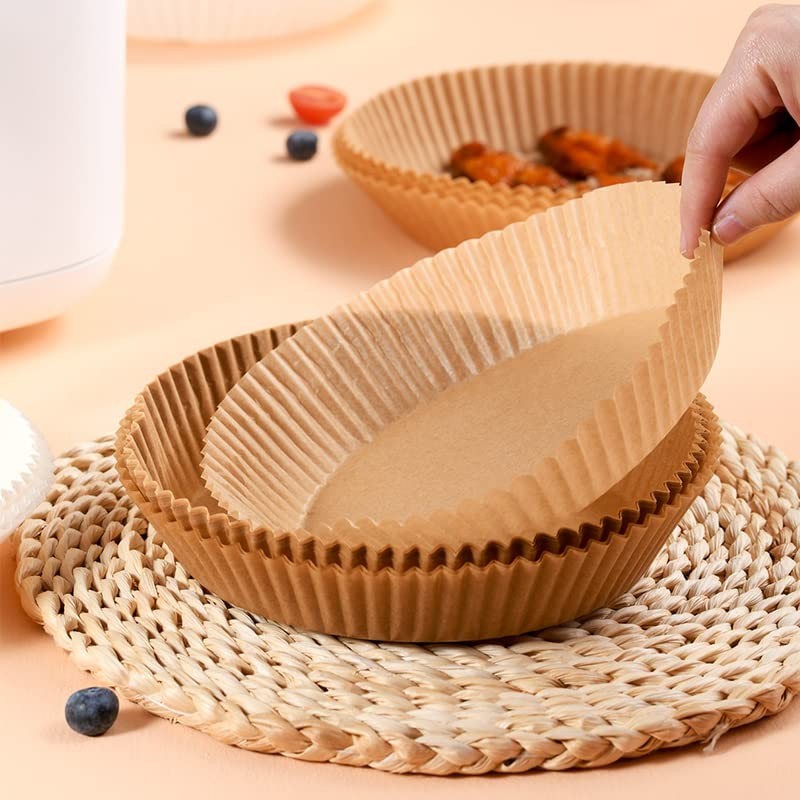 エアフライヤーパーチメントペーパーパン 16.5cm くっつき防止使い捨てベーキングペーパーライナー 無孔ラウンドエアフライヤーシート ベーキングローストレンジ用(100、ナチュラル)