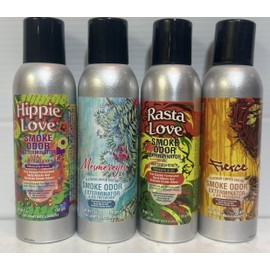 Smoke Odor Exterminator 198 gm/ 7 oz Large Spray Hippie Love Set of Four Cans. Assortment (4) Includes Hippie Love, Fierce, Mesmereyes & Rasta Love.