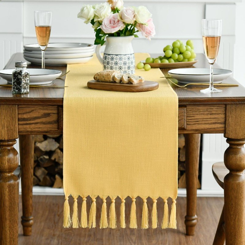 Artoid Mode Yellow Boho Rural Rustic Farmhouse Tassel Table Runner,