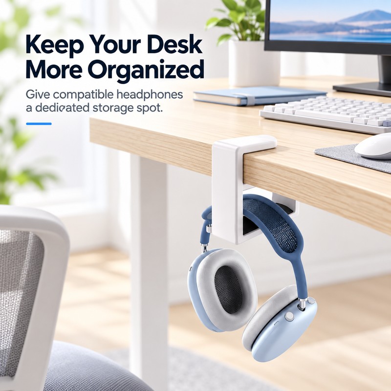 Rotating Headphone Holder for Desk – No-Punch Plastic Headset Hook
