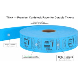 Tacticai 1000 Raffle Tickets, Meal, Blue (8 Color Selection), Single Roll, Ticket for Events, Food, Class Reward, Fundraiser & Prizes