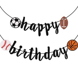 Banner deportivo de feliz cumpleaños, bandera deportiva de cumpleaños con purpurina, fútbol, béisbol, fútbol, baloncesto, decoración de cumpleaños con temática multideportiva (negro)