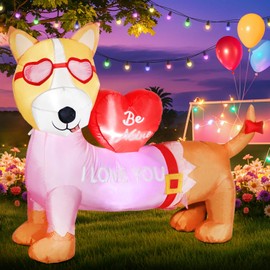 DomKom 5FT Valentines Day Inflatables Outdoor Decorations, Pink Dog with Love Heart Blow Up Build-in Led Lights for Wedding Party Garden Yard Lawn Décor
