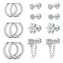 AVYRING 7 Pairs of Hoop Earrings, 20G Cartilage Helix Flat Back Earrings with CZ, Daisy, Heart, Tassels, Hypoallergenic Surgical Steel, Stackable Seepers Earrings for Women, Stainless Steel
