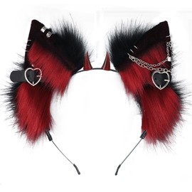 QUICOMP Wolf Ears Tail Costume Wolf Ear Headband Fox Ear Tail Wolf Cosplay Props (Black Red)