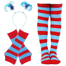3 Set Kids World Book Day Thing Costume Accessories, Cat Costume Accessories Set Includes Blue Ponytail Headband, Striped Knee Socks, Striped Gloves, World Book Day Dress up Day Birthday Carnival