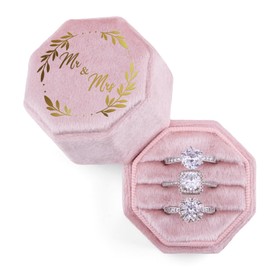 Roycraft Velvet Ring Box 3 Slot Wedding Ring Box Mr & Mrs Engagement Proposal Ceremony- Pink