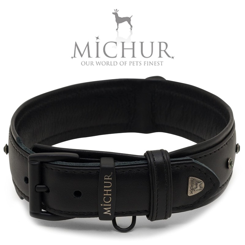 Michur Zorro Leather Dog Collar, Black Leather with Black Rhinestones/Crystals,