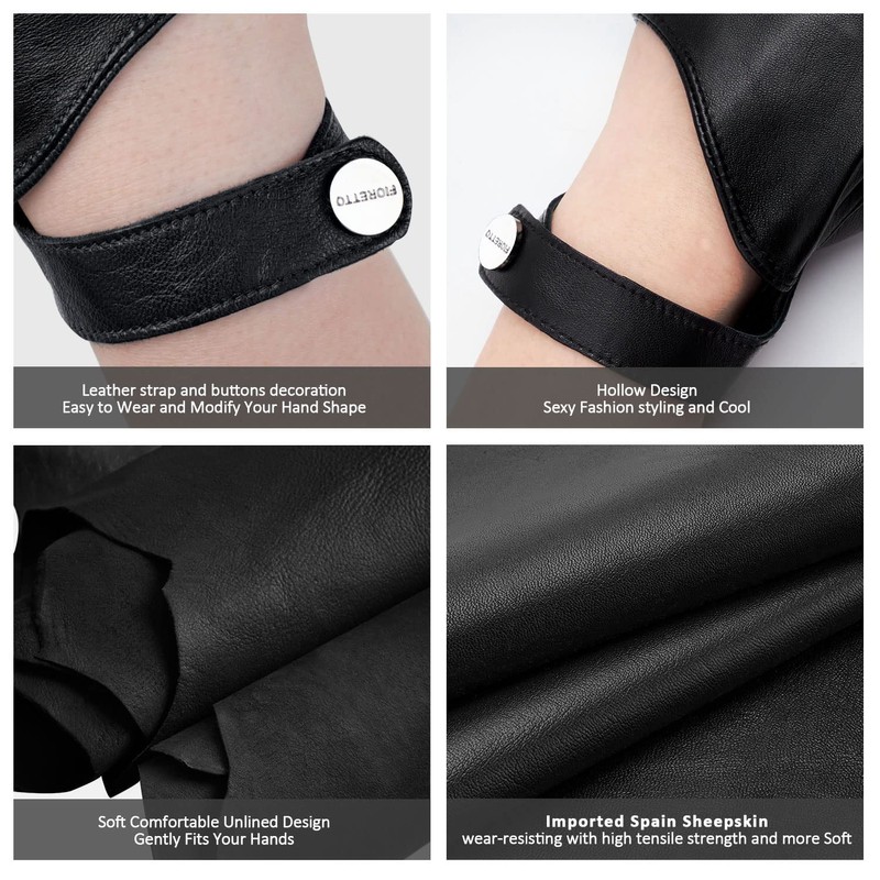 FIORETTO Womens Fingerless Leather Gloves for Driving Motorcycle Unlined Half