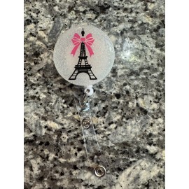 Handmade Retractable Badge Reel Paris Eiffel Tower With Pink Bow