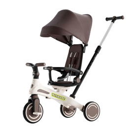 Winhope Kids Tricycle, 5 in 1 Baby's Tricycle Toddler Trike with Adjustable Push Handle, Reversible Seat and Canopy, Baby Stroller for 1-6 Year Olds, Suitable for Outdoor Activities(Coffee)