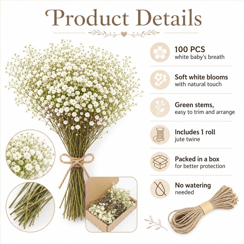 100Pcs Baby’s Breath Flowers, White Gypsophila for Wedding