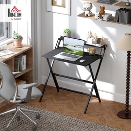 HOMCOM Small Folding Desk, 32 Inch Foldable Computer Desk with Monitor Shelf, Space Saving Portable Writing Table for Small Spaces, Home Office, Study, Easy Assembly, Black