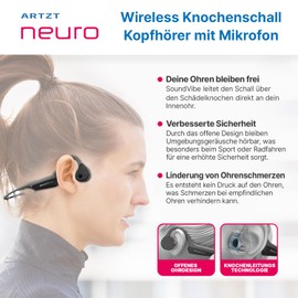 ARTZT neuro SoundVibe Wireless Bone Sound Headphones with Microphone Open Ear Headset - Protection Against Water and Dust - Sports Headphones for Sports Leisure Neuroathletics 13 x 11 x 4.5 cm Grey