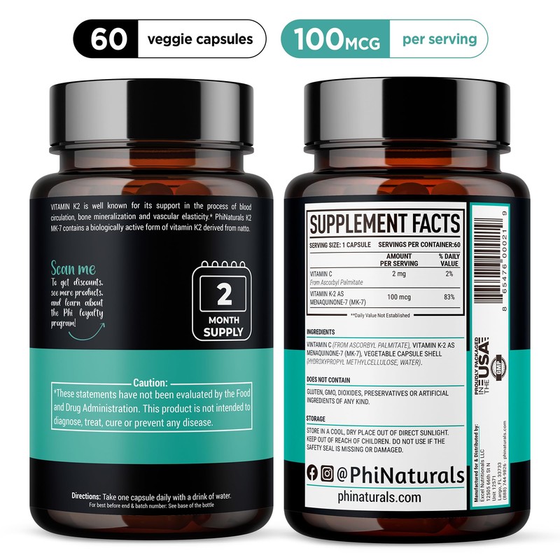 PhiNaturals Vitamin K2 Mk7 100 mcg Vegan 60 Capsules Bone