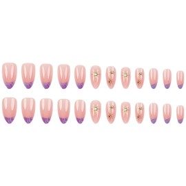 Medium Press on Nails Almond Fake Nails French False Nails Purple Artificial Nails with Gold Star and Rhinestones Designs Nude Stick on Nails for Women 24pcs