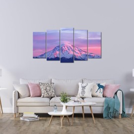 LevvArts - Large Canvas Print Wall Art Pink Sunset on Mount Rainier Cascade Range Picture Paintings 5 Panels Artwork Giclee Prints Stretched and Framed for Home Living Room Wall Decor