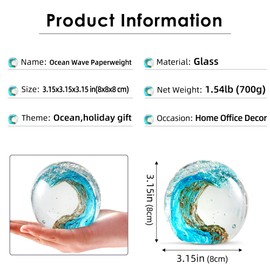 EUSTUMA Hand Blown Glass Figurines Ball Ocean Waves,Office Paperweight Glass for Desk,Home Decor Collectible,Aquarium Decor,Office Decor Ocean Lovers