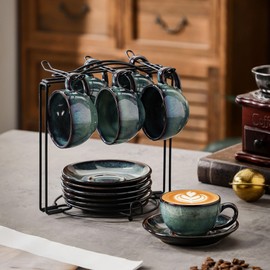 Leijosya 6 sets of 4OZ green coffee cup saucer sets, ceramic coffee cups with metal display racks, unique kiln enamel technology, suitable for tea, espresso, latte, cappuccino (6, Green, 4, ounces)