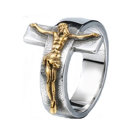 JAJAFOOK Men's Vintage Stainless Steel Jesus Cross Band Crucifix Ring,Silver Gold