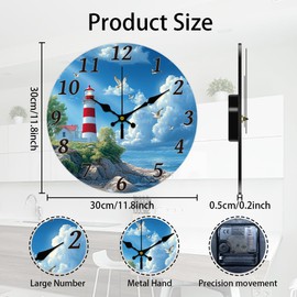 CHGCRAFT Ocean Lighthouse Wall Clock 12 Inch Battery Operated Wall Clock Non Ticking Silent Decorative Clock for Office Bedroom Home Decor