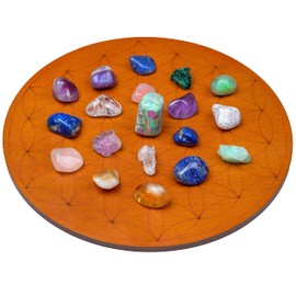 Curawood Crystal Grid Board for Stones - Flower of Life Sacred Geometry - Amplify The Power of Your Crystals - 10" Diameter Wooden Crystal Board - Wiccan Crystal Altar Decor - Crystal Charging Plate