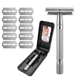 Rastrillos para Afeitar Hombre De Doble Filo Acero Noxidable con 10 Hojas | con Estuche Espejo, Kit de Rastrillo Para Navaja Clasico, Maquina de Afeitar Manual con Mango Largo, Preciso y Limpio