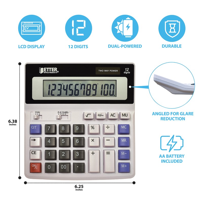 Better Office Products Extra Large Electronic Desktop Calculator, 12-Digit LCD