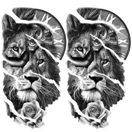 Oottati 2 Sheets Waterproof Fake Clock Lion Rose Mechanics Arm Leg Temporary Tattoo