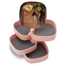Retro Old Cask Glasses and Bottles of White and Red Wine Cheese Nuts Women Jewelry Box with Mirror, Storage Bag Case for Rings, Necklaces, Bracelets, 360 Degree Rotating 4-layer Tray with Lid