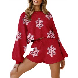 Ekouaer Knit Pajamas Set for Women Lounge Sets 2 Piece Long Sleeve Top and Shorts Pj Soft Sleepwear Cute Sweater Outfits Christmas Red XL