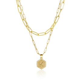 YV-cozx Dainty Gold Necklace for Women 18K Solid Gold Over Layering Necklaces for Women Cute Hexagon Letter Initial Necklaces for Women (K)