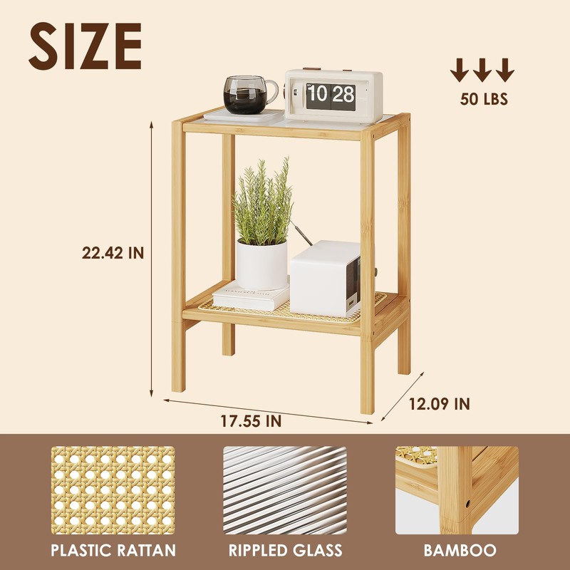 Bamworld Side Table Nature Rattan Night Stand Glass End Table