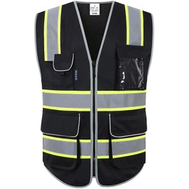 XIAKE Black Reflective Safety Vest for Men & Women High Visibility Class 2 Vest with 2 Inch Dual Tone Strips - Yellow Trim(3X-Large,Black Dual Tone)