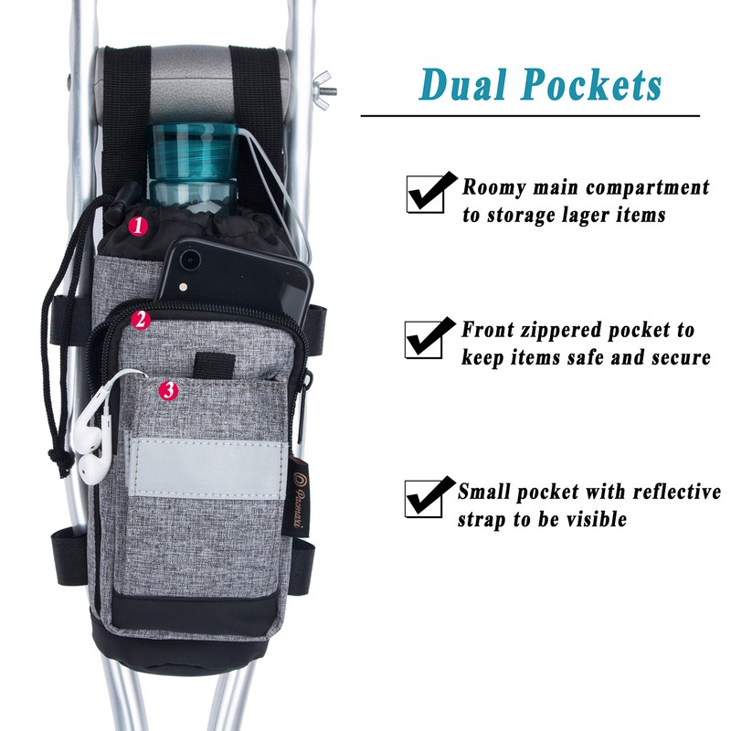 Crutch Bag Lightweight Crutch Accessories Storage Pouch with Reflective Strap