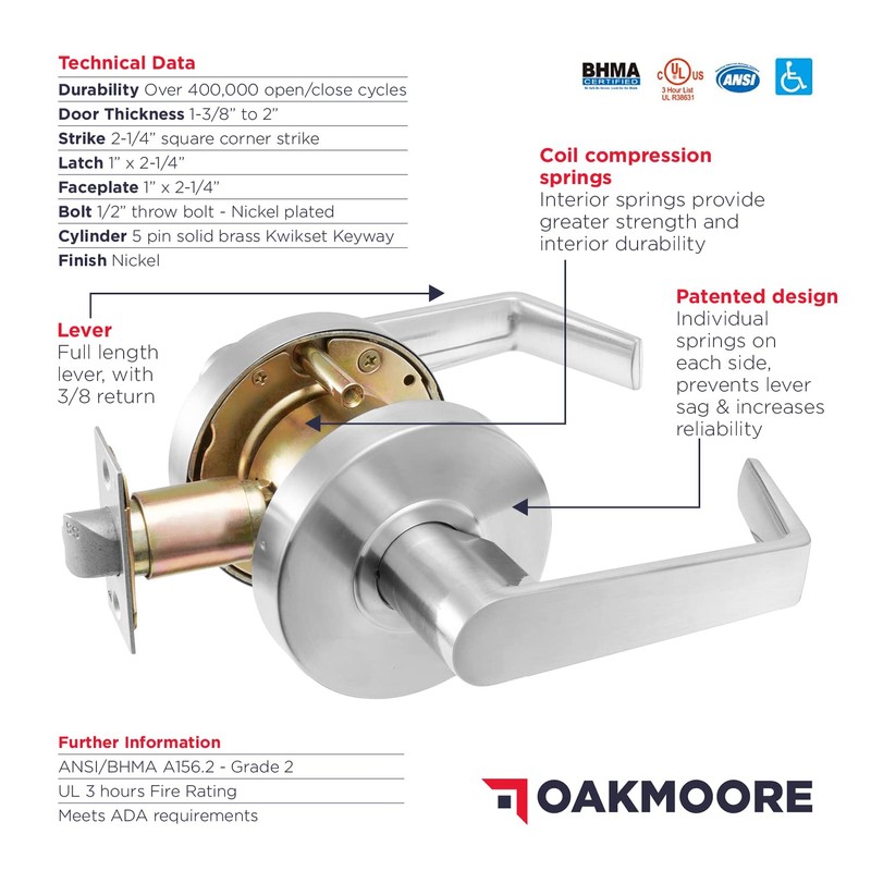 OAKMOORE Medium Duty Commercial Door Handle | Passage Function |