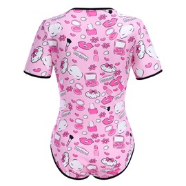 ABAFIP Women's Cute Print Romper Pajama Bodysuit Short Sleeve One Piece Teddy Leotard Top Nightwear Hot Pink Large