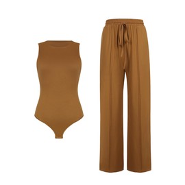 Missufe Women's 2-Piece Outfits Body Tank Top and Sports Trousers Jogging Bottoms Sweatpants Yoga Trousers Casual Trousers Long Sweatpants Set with Pocket, khaki